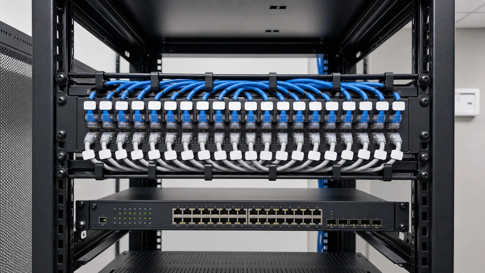 A server rack with a patch panel of blue network leads above a network switch