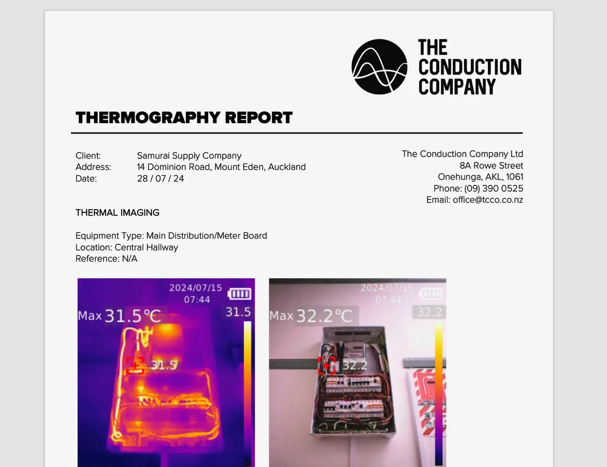 Infrared thermography report for electrical switchboard inspection