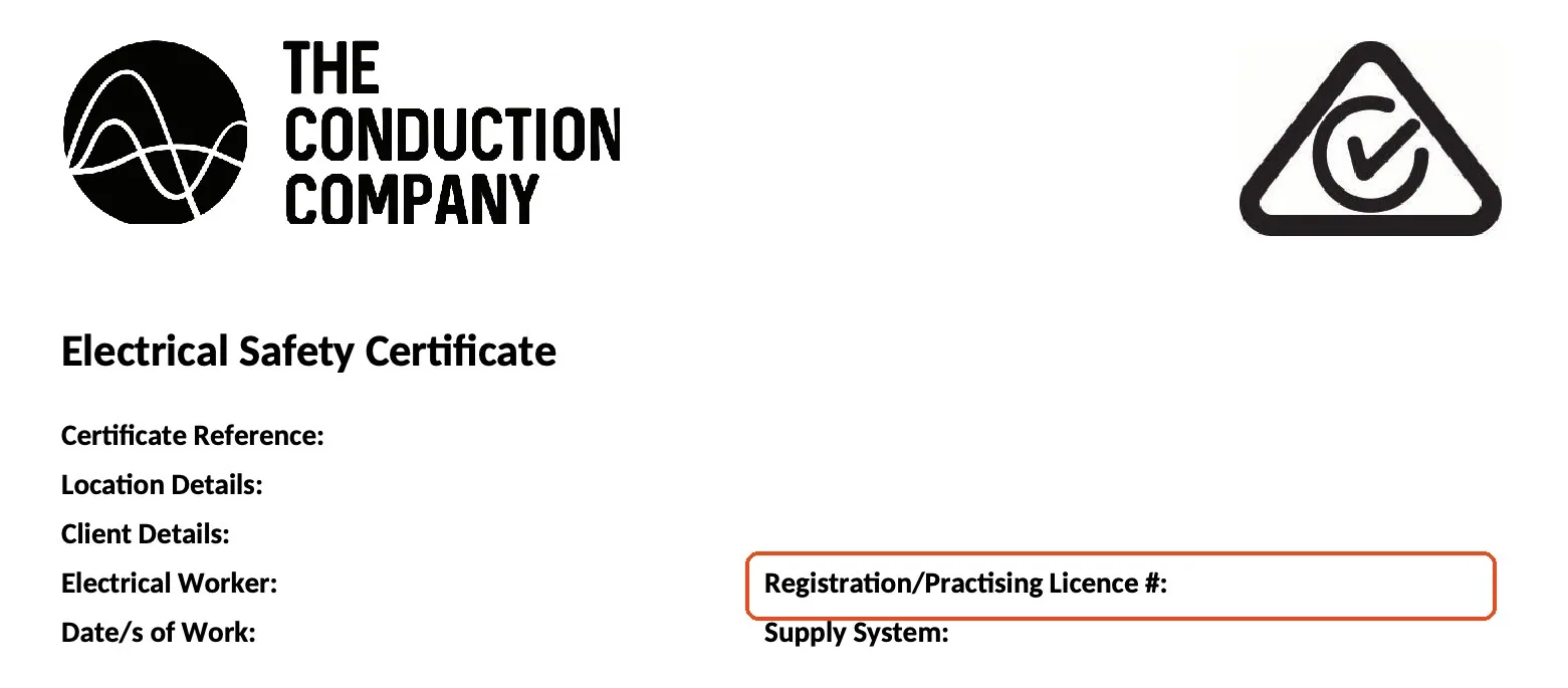 A blank Electrical Safety Certificate with the registration and practising licence number field outlined