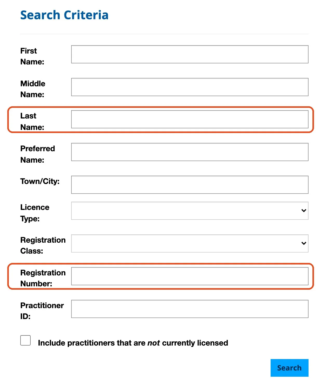 The EWRB public register search fields, with last name and registration number highlighted