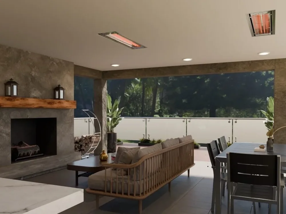 Two infrared heaters set flush into the ceiling of a covered patio with a fireplace