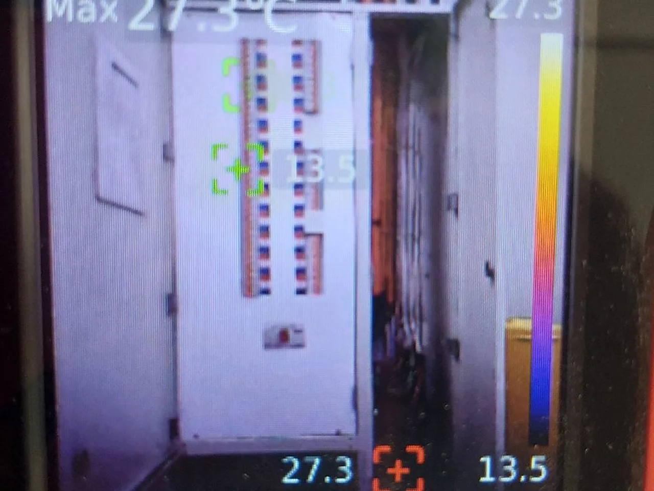 Thermal scan of a switchboard's rows of circuit breakers, checking for uneven heat
