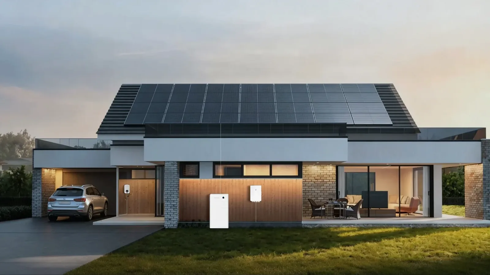 A single-storey house at dusk with solar panels across the roof and a home battery cabinet on the outside wall.
