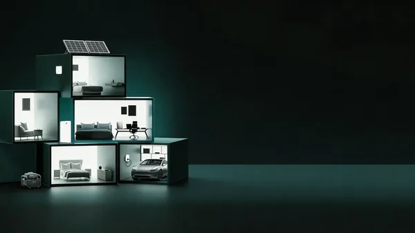 Cutaway rooms of a house with solar panels on top and home battery units inside, against a dark background.