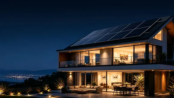 A two-storey house lit up at night with solar panels across its roof.