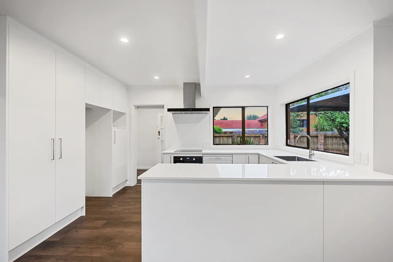 Tall pantry wall with a fridge space, rangehood, wall oven, and dishwasher, and double power points by the sink window