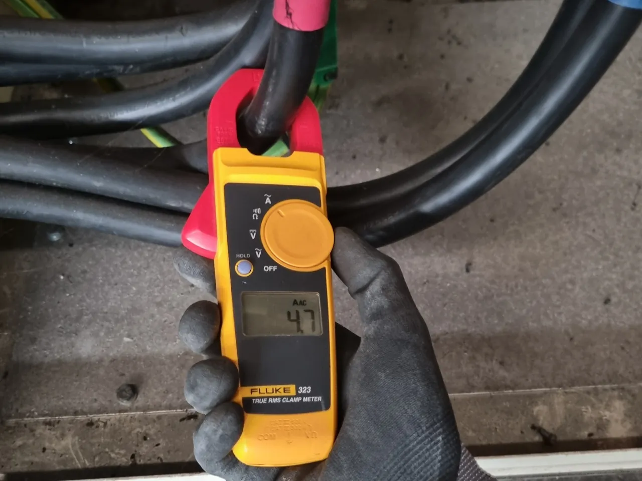 Gloved hand holding a clamp meter round a bundle of thick cables, with its reading showing on the screen