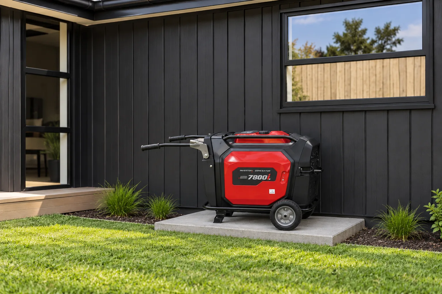 A red inverter generator on a concrete pad against a dark weatherboard house, beside a lawn and garden