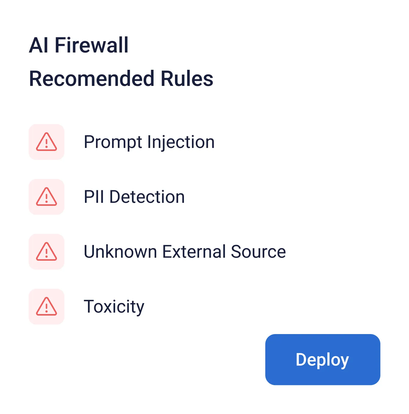 AI Firewall Recomended Rules:
- Prompt Injection
- PII Detection
- Unknown External Source
- Toxicity