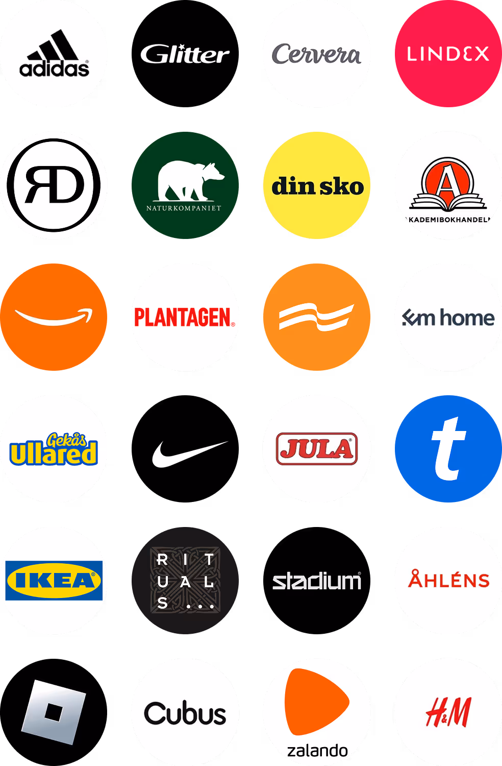 24 retail brand logos including Adidas, Glitter, Cervera, Lindex, Naturkompaniet, Din Sko, Akademibokhandeln, Amazon, Plantagen, PostNord, EM Home, Gekås Ullared, Nike, Jula, Ticket, IKEA, Rituals, Stadium, Åhléns, Roblox, Cubus, Zalando, and H&M.