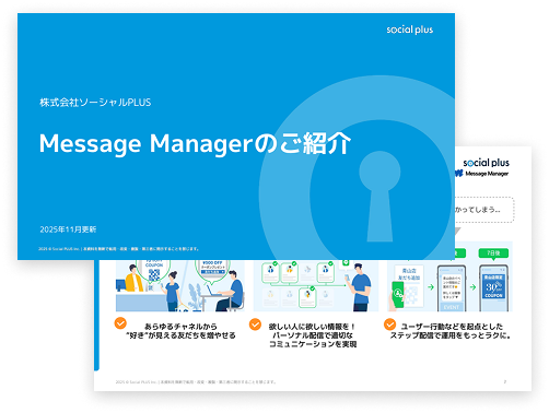 資料「Message Managerのご紹介」の表紙と機能紹介ページ