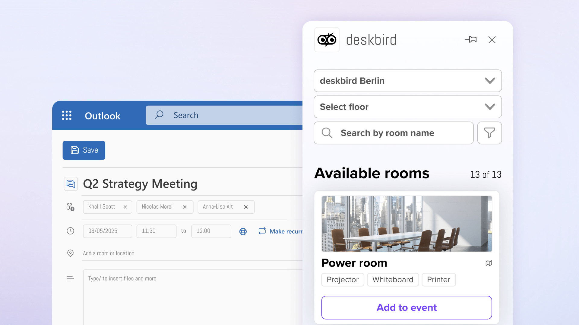 deskbird Outlook Add-In for room booking