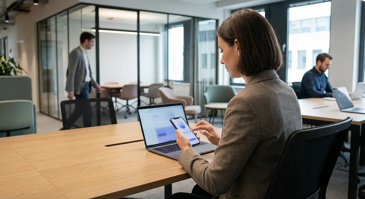 Un groupe de collègues dans un bureau hybride utilise un logiciel de réservation de bureau