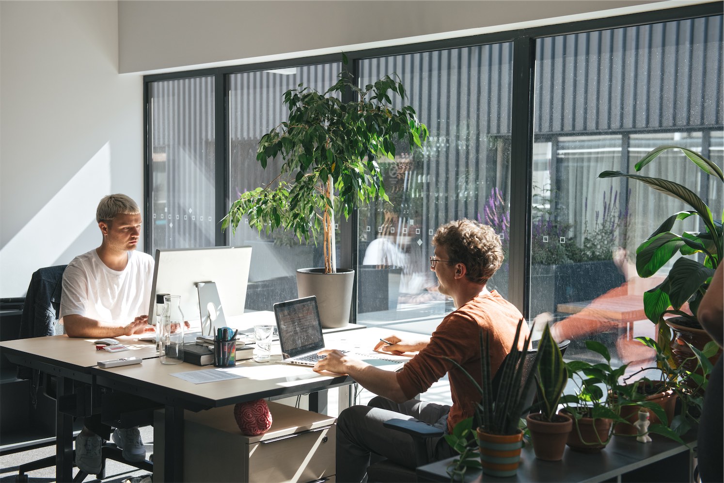 employees working in a nice, bright hybrid office