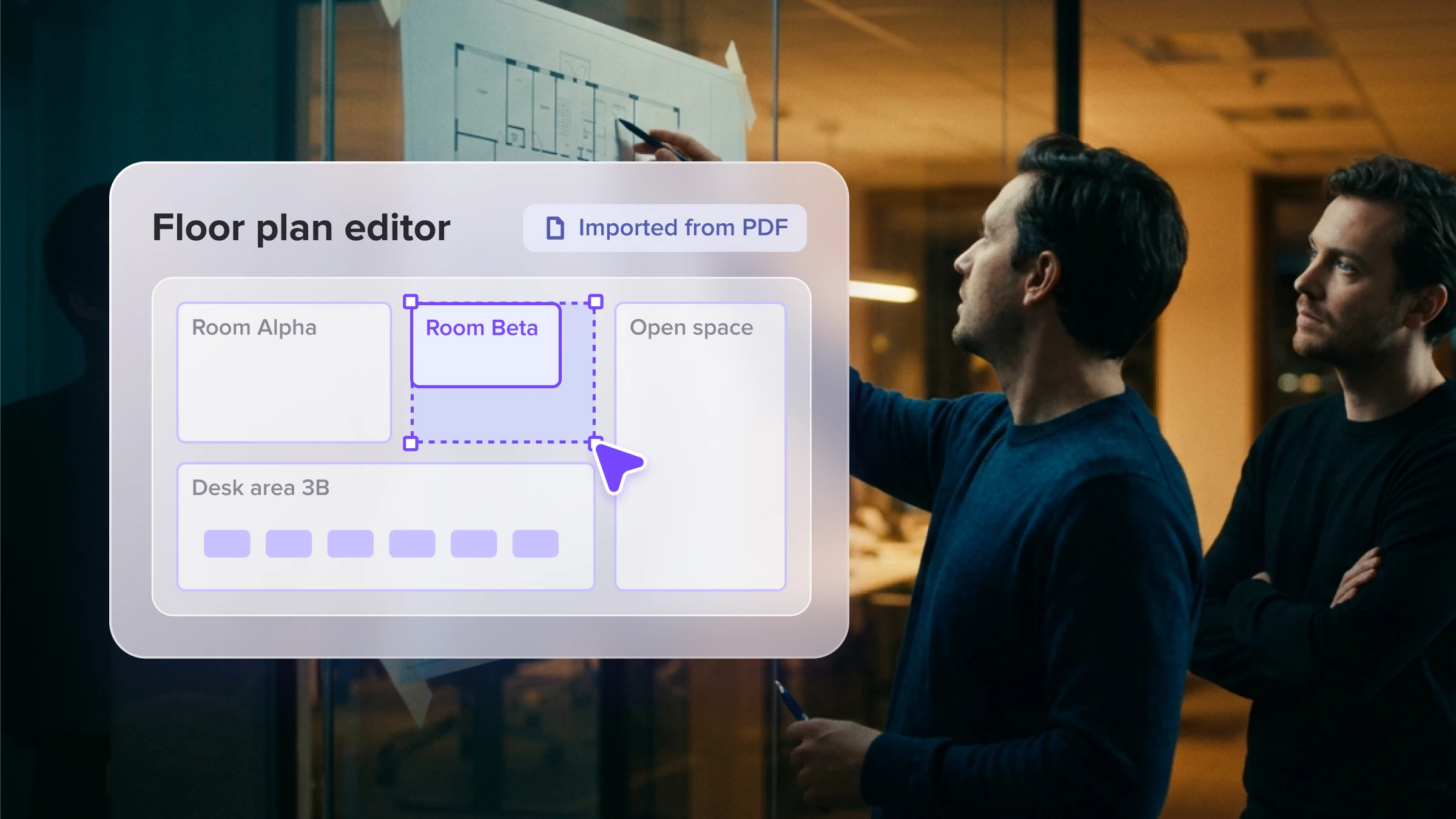 deskbird planimetria editor che mostra una planimetria importata da un PDF, con un punto di incontro sala selezionato per la modifica