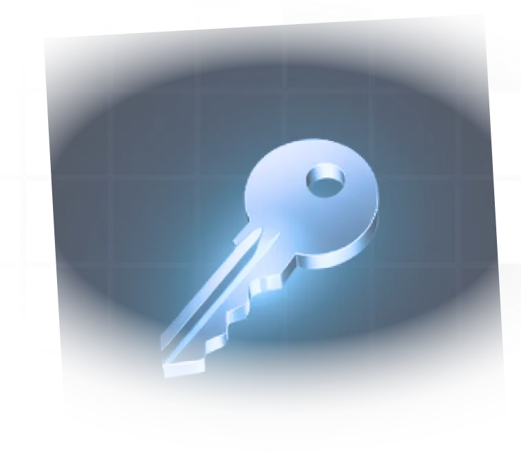 Blue translucent key icon glowing on a dark grid background.