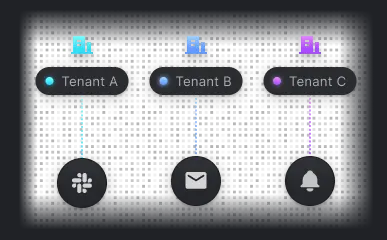 Illustration of SuprSend’s Multi-Tenancy function, allowing custom notifications and per-tenant feeds for businesses.