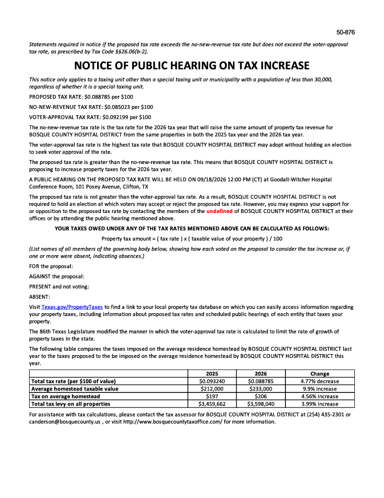 Notice of Public Hearing on Tax Increase