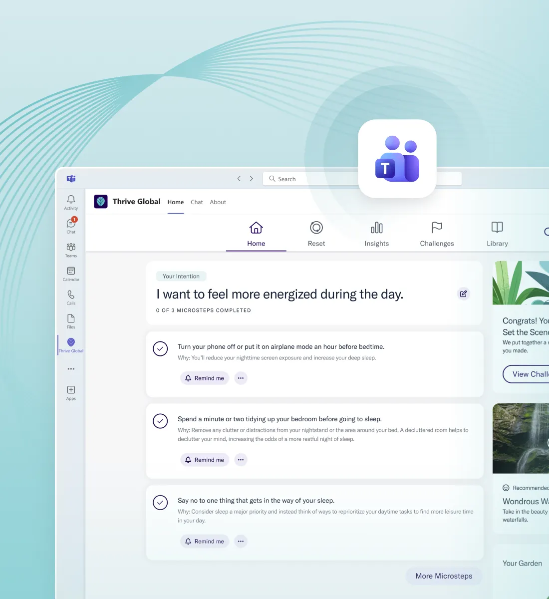 Microsoft Teams interface showing Thrive Global app with a user's intention to feel more energized and three completed microsteps for better sleep.