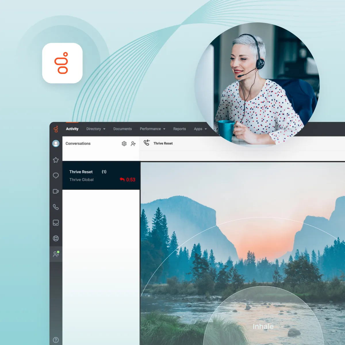 Customer support software interface with a smiling headset-wearing woman holding a cup in a circular inset on the upper right.