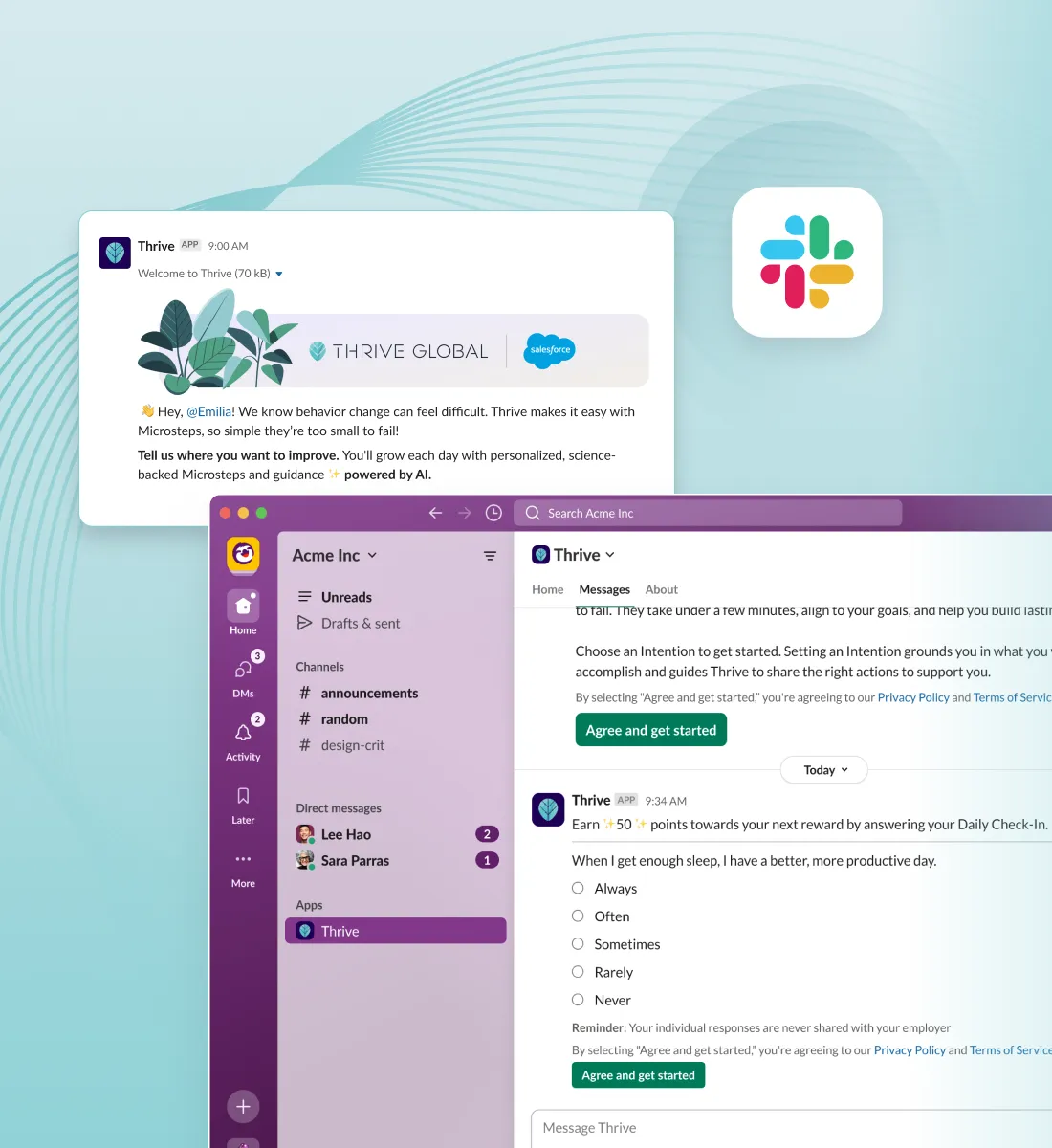 Screens showing Thrive app's integration with Slack, displaying a sleep reflection survey and messaging interface.