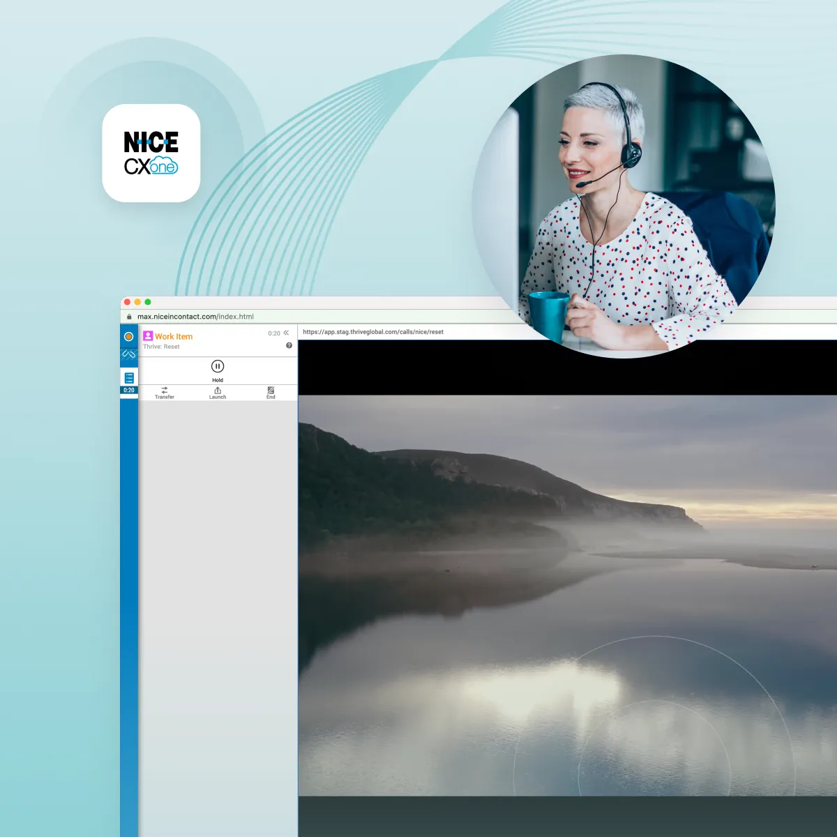 Interface of NICE CXone call management system with a smiling customer service agent wearing a headset and holding a blue mug in a circular inset.