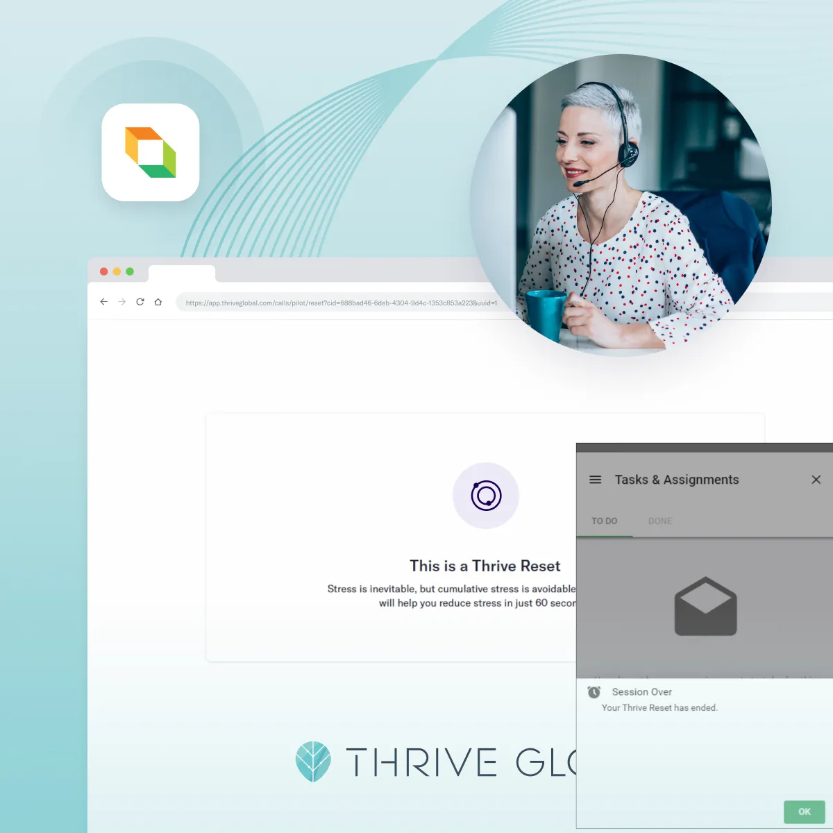 Smiling woman with short gray hair wearing a headset and holding a blue mug, alongside a browser screen showing 'This is a Thrive Reset' and a popup message saying 'Session Over Your Thrive Reset has ended.'