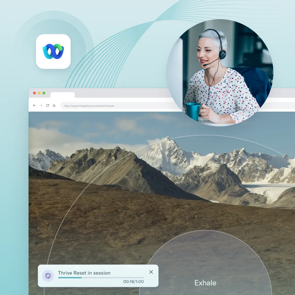 Screenshot of a communication app interface with a woman wearing a headset and holding a cup in a circular overlay.