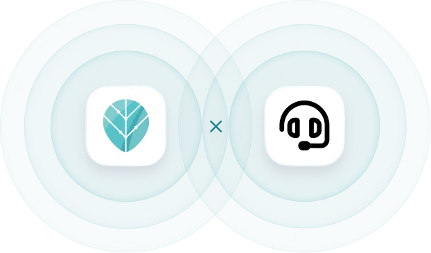 Two white app icons side by side, one with a stylized leaf and the other with a headset and microphone symbol.