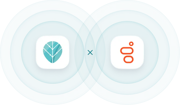 Two white rounded square icons with overlapping blue circular waves, left icon shows a stylized teal leaf, right icon shows an abstract orange line and dots.