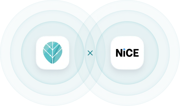 Two app icons; left icon with a stylized white leaf on a teal background, right icon with NICE CXone logo.
