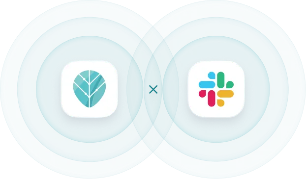 Two app icons side by side with concentric blue circles radiating outward; left icon shows a white leaf symbol inside a teal square with rounded corners, right icon is the colorful Slack logo inside a white rounded square.