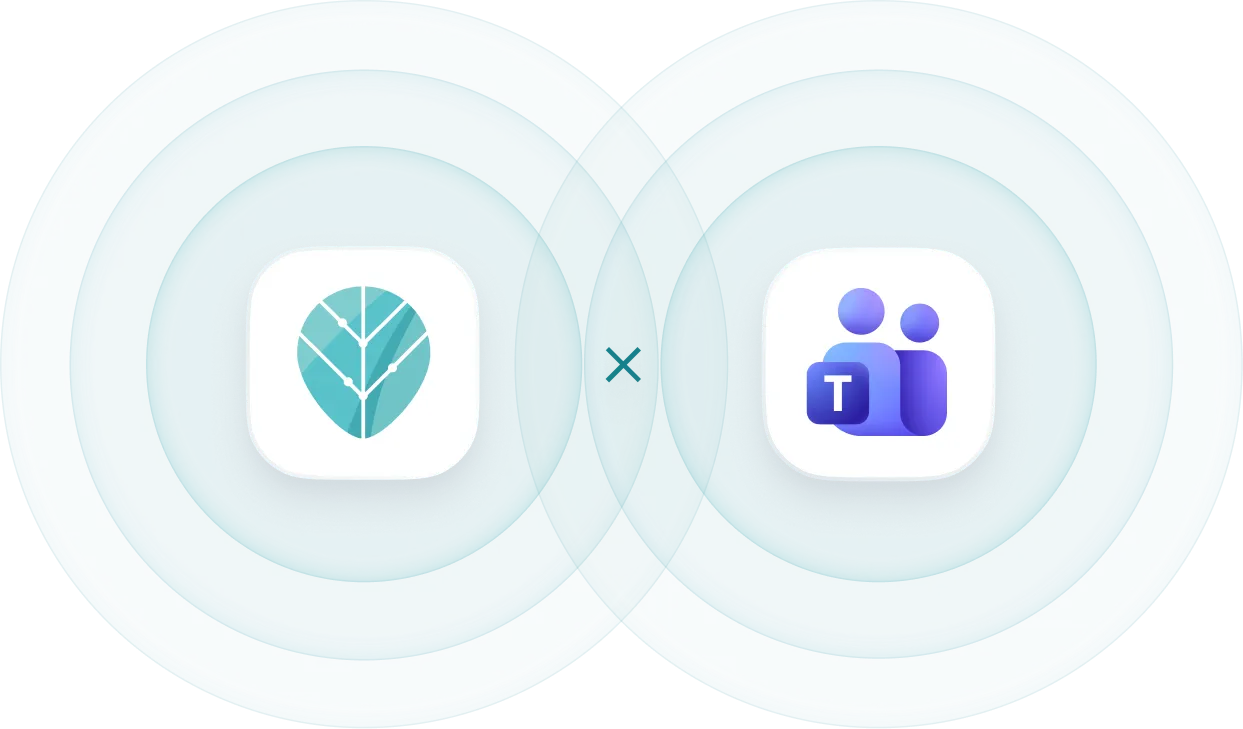 Two overlapping app icons with ripple effects; left icon shows a leaf inside a rounded square, right icon is the Microsoft Teams logo.