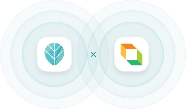 Two overlapping teal circles each containing a white rounded square with a logo: left has a stylized leaf, right has an orange and green geometric shape.