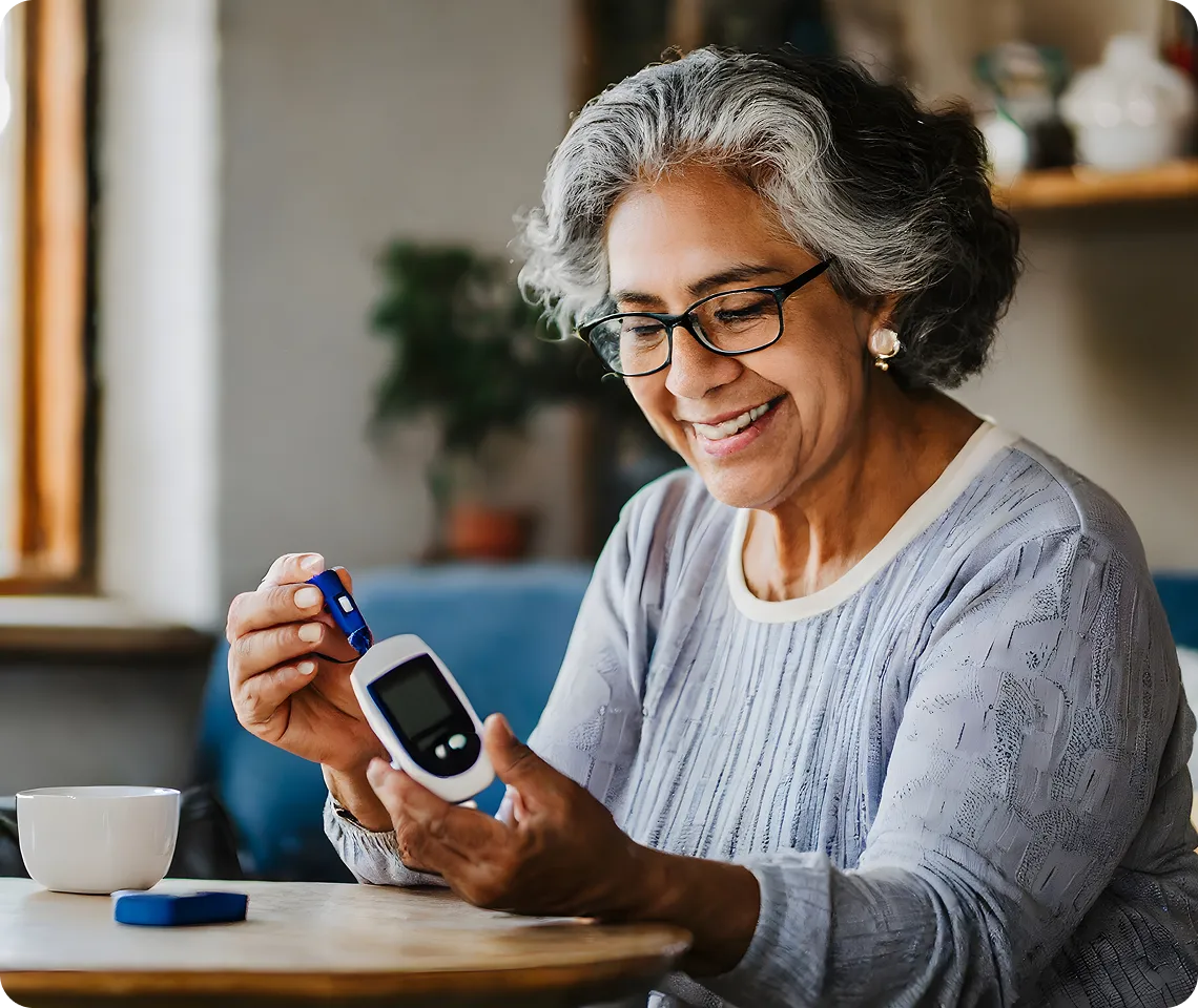 Smiling elderly woman with gray hair and glasses holding a blood glucose meter and test strip while sitting at a table in a cozy room.
