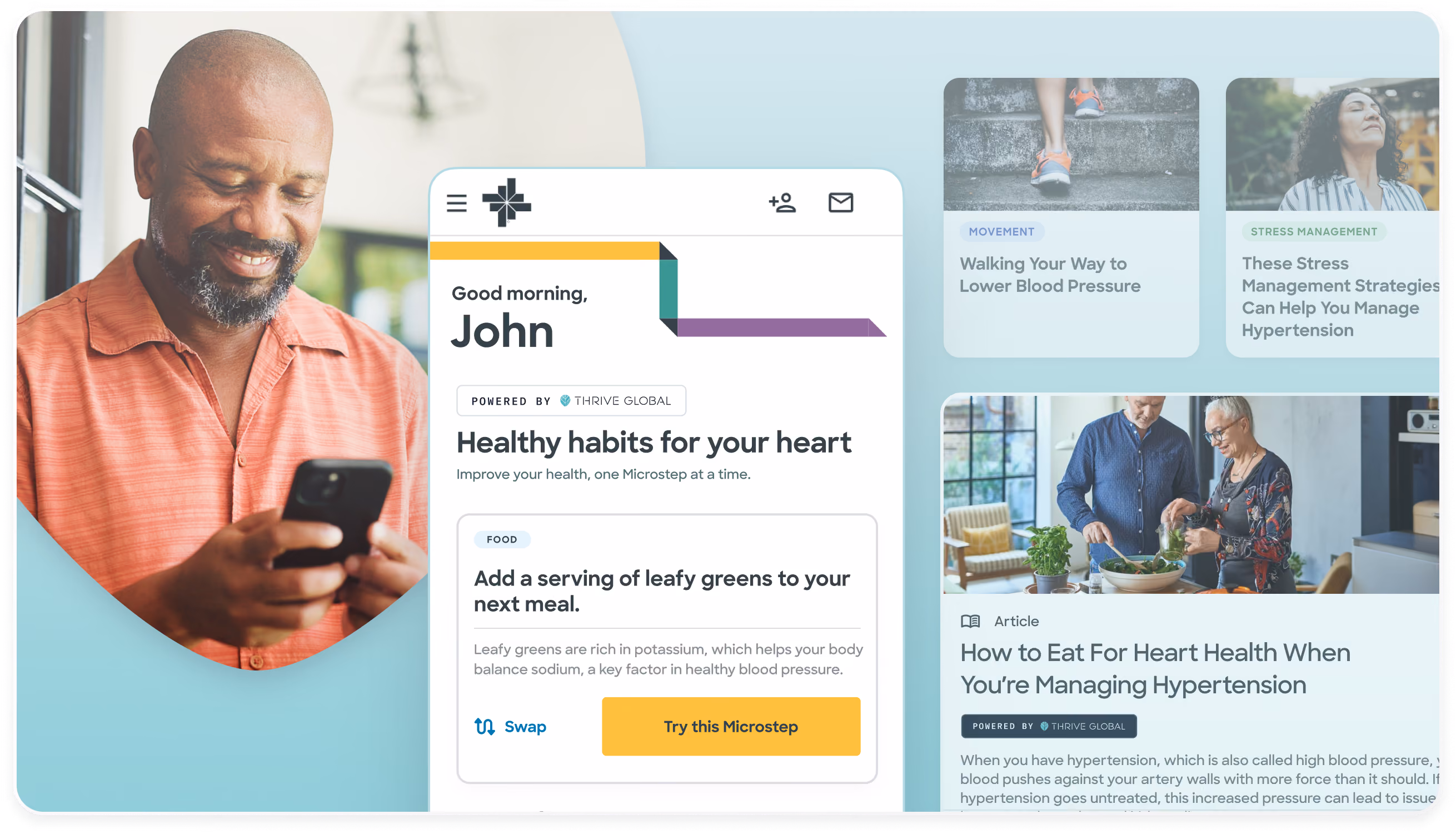 Smiling man in a salmon shirt looking at his phone next to a digital dashboard greeting him with 'Good morning, John' and offering heart health tips like adding leafy greens, walking to lower blood pressure, stress management strategies, and an article on eating for heart health while managing hypertension.