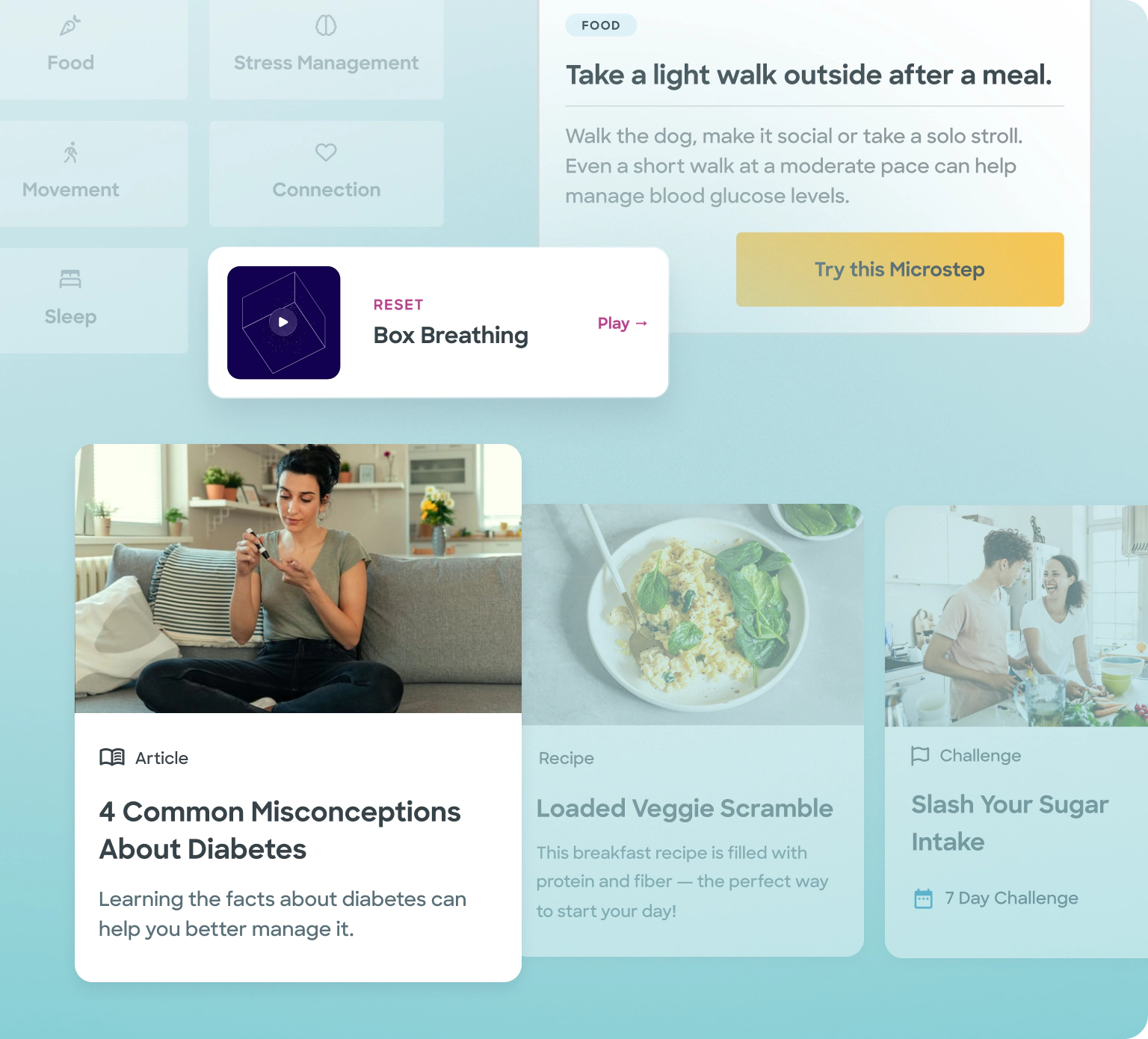 A digital health interface featuring a box breathing exercise button, a tip encouraging a light walk after meals for blood glucose management, an article titled '4 Common Misconceptions About Diabetes' with a woman checking her blood sugar on a couch, a recipe for Loaded Veggie Scramble, and a 7-day challenge to slash sugar intake with a couple cooking together.