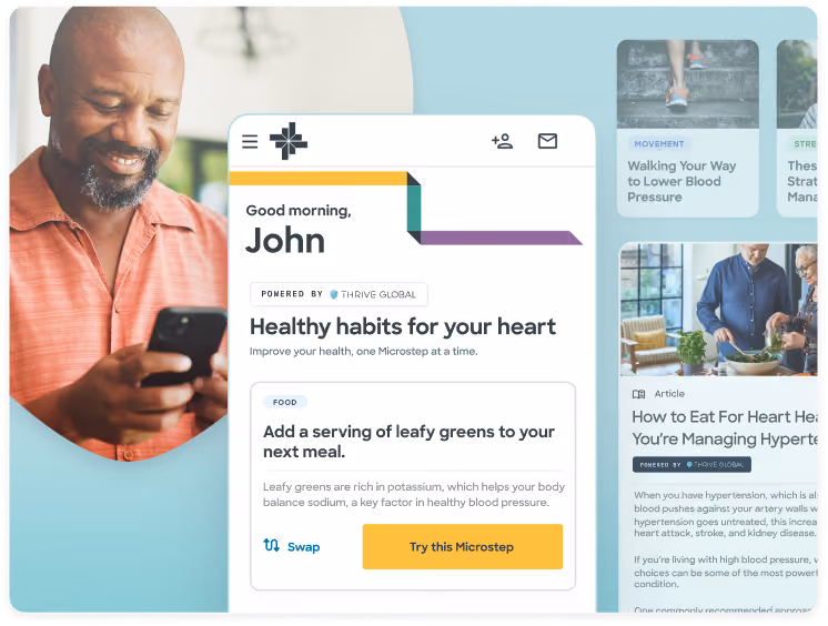 Smiling man in an orange shirt looks at his phone next to a digital health dashboard greeting John and offering heart health tips, including adding leafy greens and guidance on lowering blood pressure and managing hypertension.