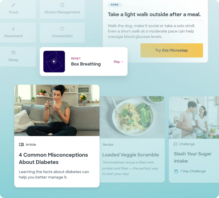 User interface showing wellness resources: a box breathing exercise option, food advice to take a light walk after meals for blood glucose management, an article titled '4 Common Misconceptions About Diabetes' with an image of a woman sitting cross-legged on a couch checking her blood sugar, a recipe for Loaded Veggie Scramble, and a 7-day challenge called 'Slash Your Sugar Intake' with a couple cooking together.
