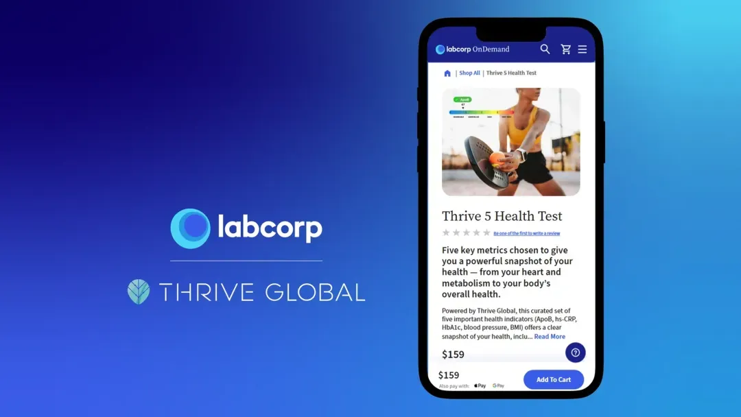 Smartphone screen displaying Labcorp OnDemand page for Thrive 5 Health Test, featuring image of a woman exercising with a fitness disc, with description of five key health metrics including heart and metabolism, priced at $159, alongside Labcorp and Thrive Global logos on gradient blue background.