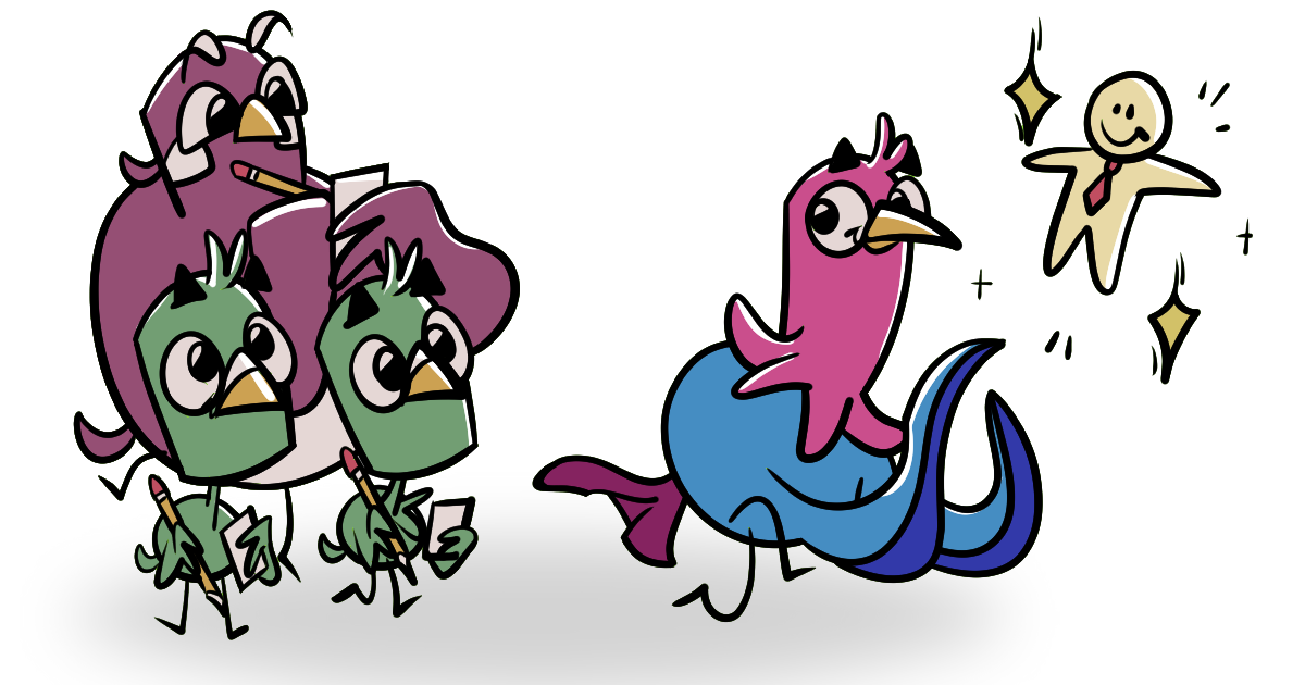 A cartoon of a bird and a blue dragon.