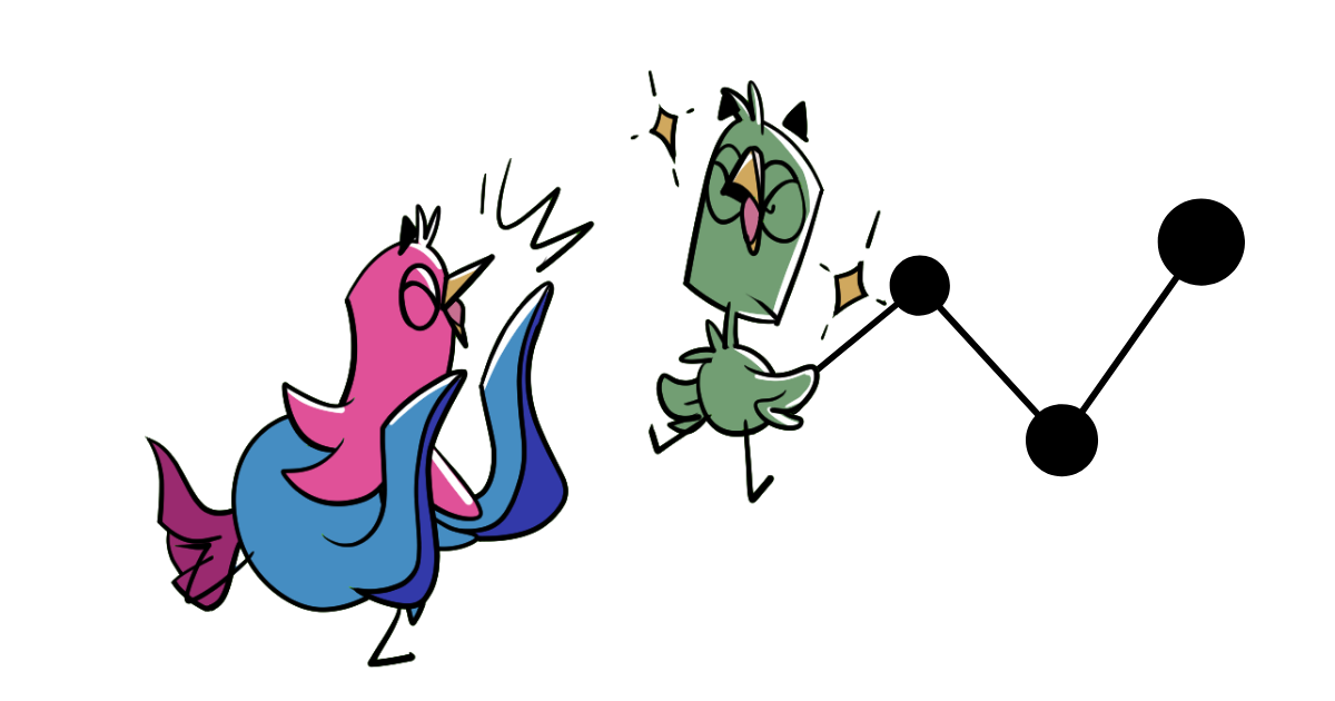 Two cartoon birds are standing on a black background.