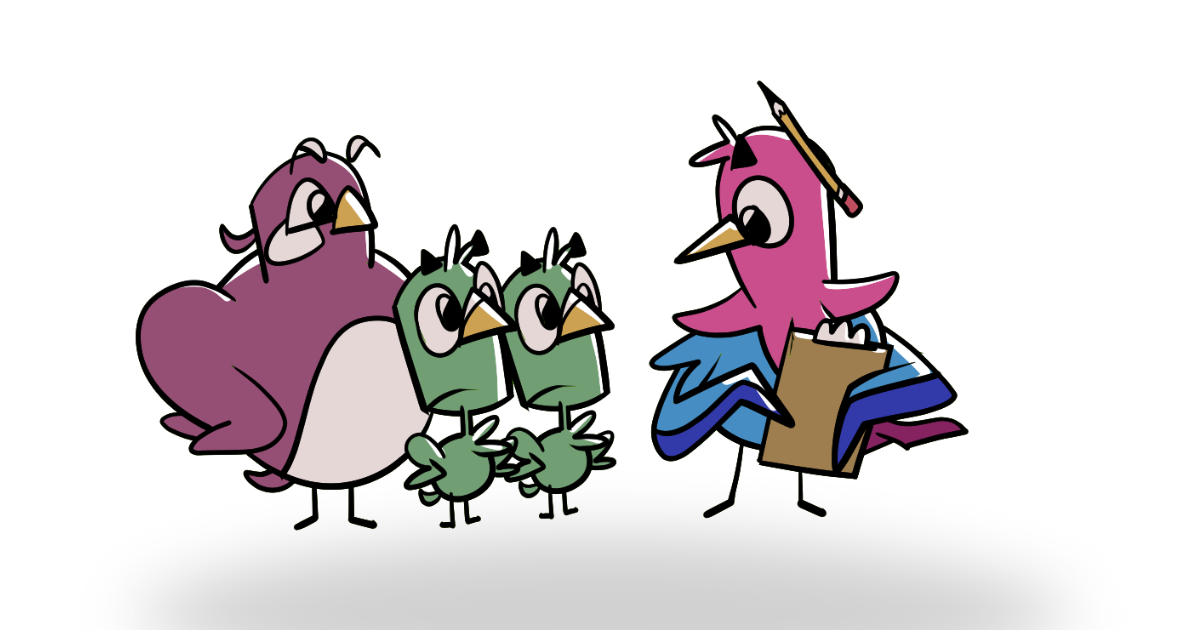 A purple bird with a green bird standing in front of it.