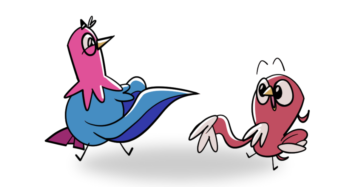 A blue bird with a pink beak and a red bird with a pink beak.