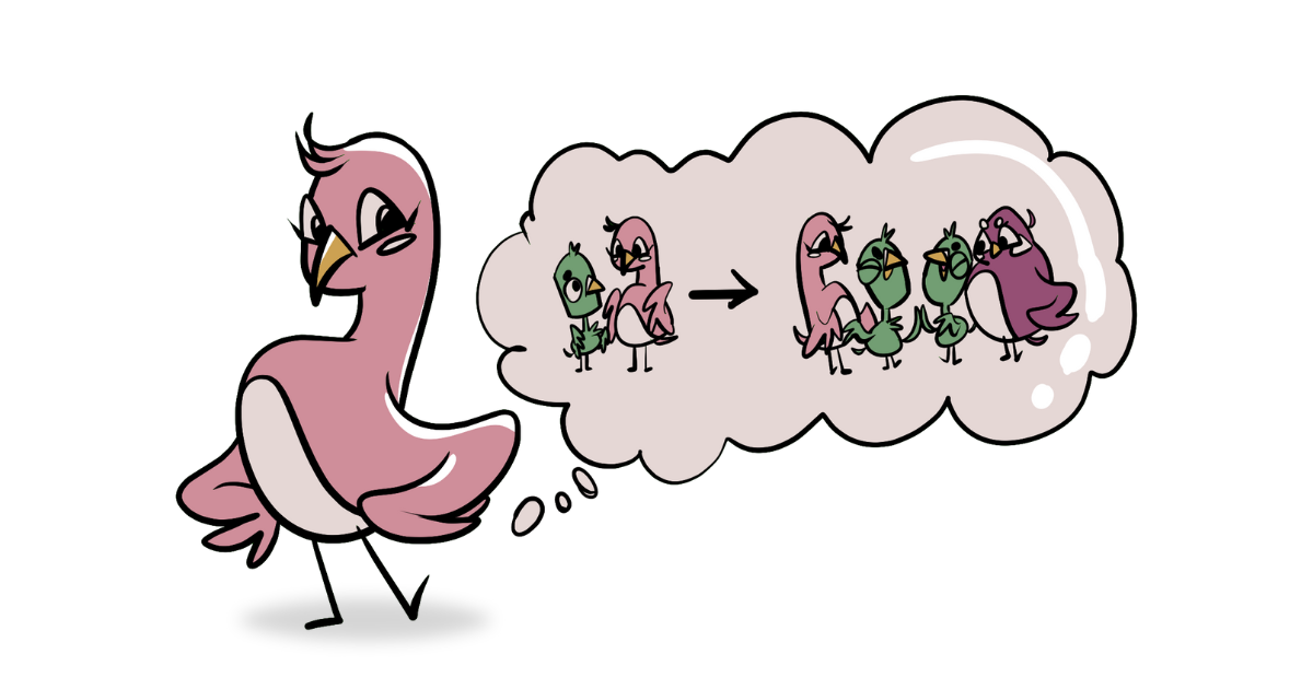 A pink bird with a thought bubble that says 