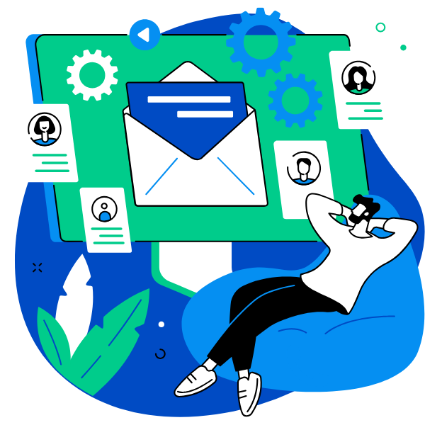 An illustration of a person sitting while looking at a computer screen featuring email