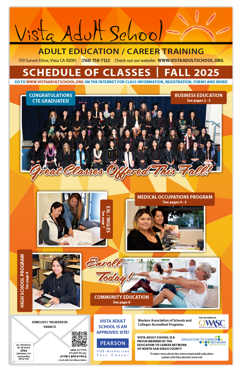 Vista Adult School Fall 2025 schedule with graduation and class photos