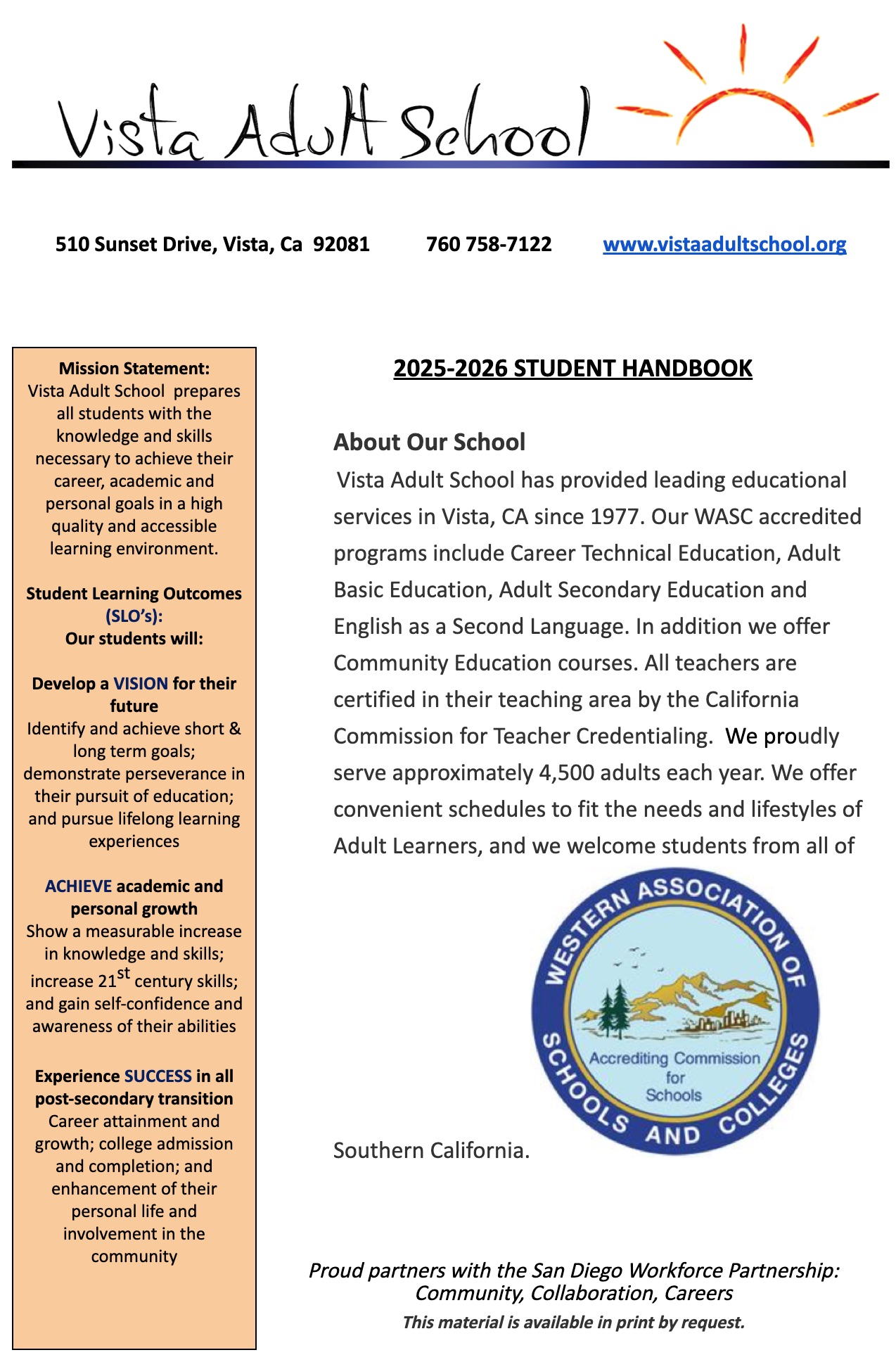 Vista Adult School 2025-2026 student handbook cover with contact info, mission statement, student learning outcomes, and WASC accreditation seal.