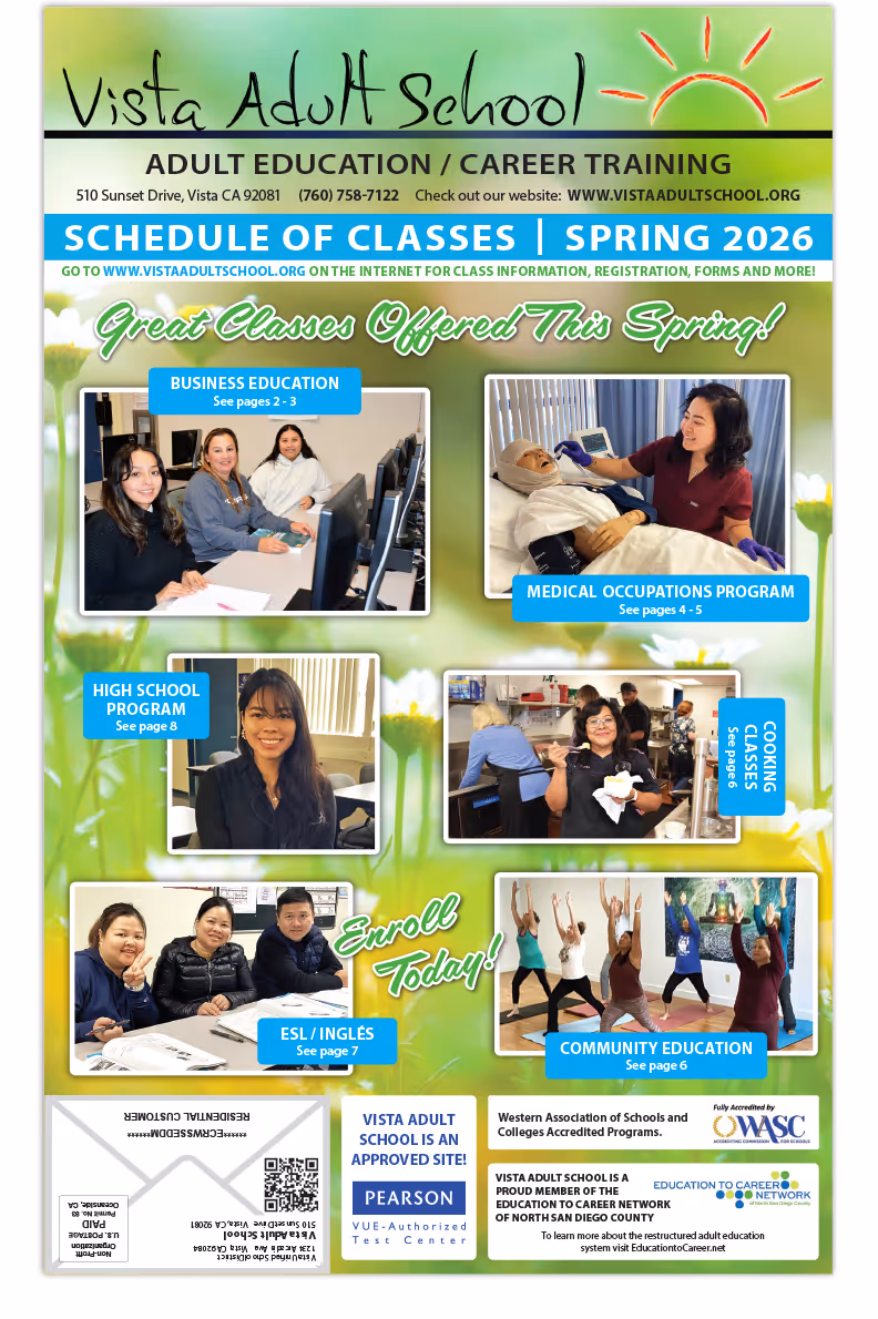 Vista Adult School Spring 2026 brochure advertising adult education and career training with photos of students in business education, medical occupations, high school, cooking, ESL, and community education classes.