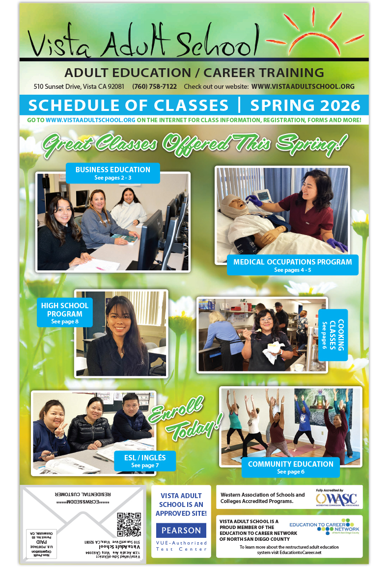 Vista Adult School Spring 2026 brochure advertising adult education and career training with photos of students in business education, medical occupations, high school, cooking, ESL, and community education classes.